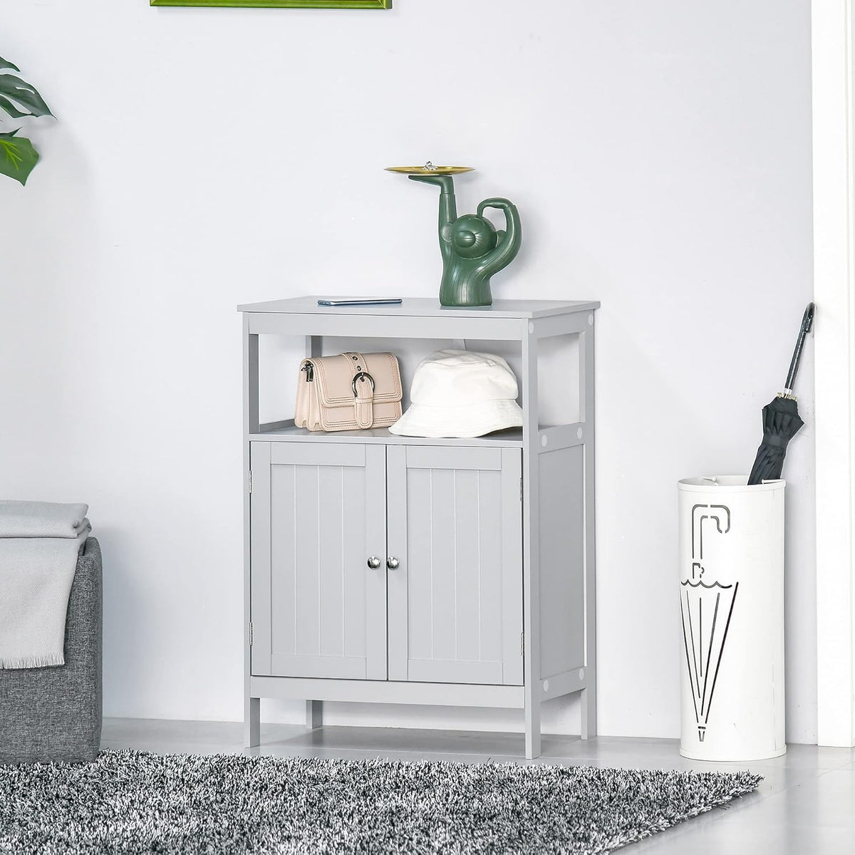 Grey Freestanding Bathroom Storage Cabinet with Doors and Open Shelf E403043