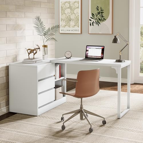 L-Shaped Computer Desk with Drawers and Shelves D398