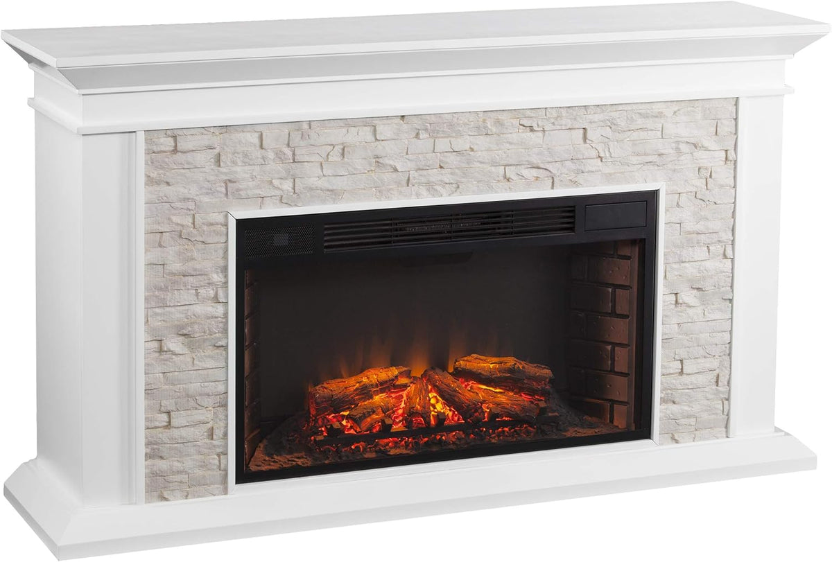 White Faux Stacked Stone Electric Fireplace Z1375