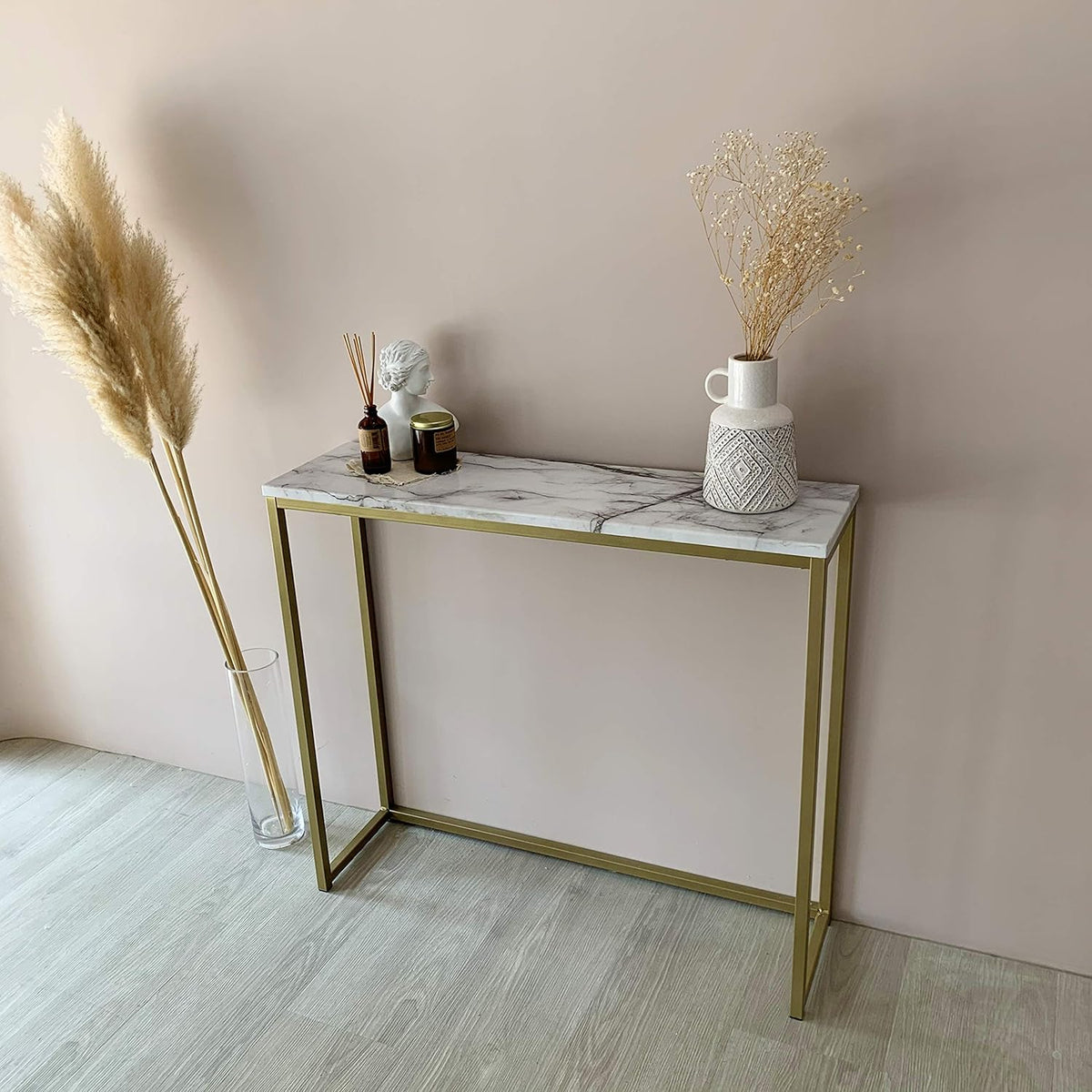 Faux Marble Console Table with Gold Metal Frame S9151