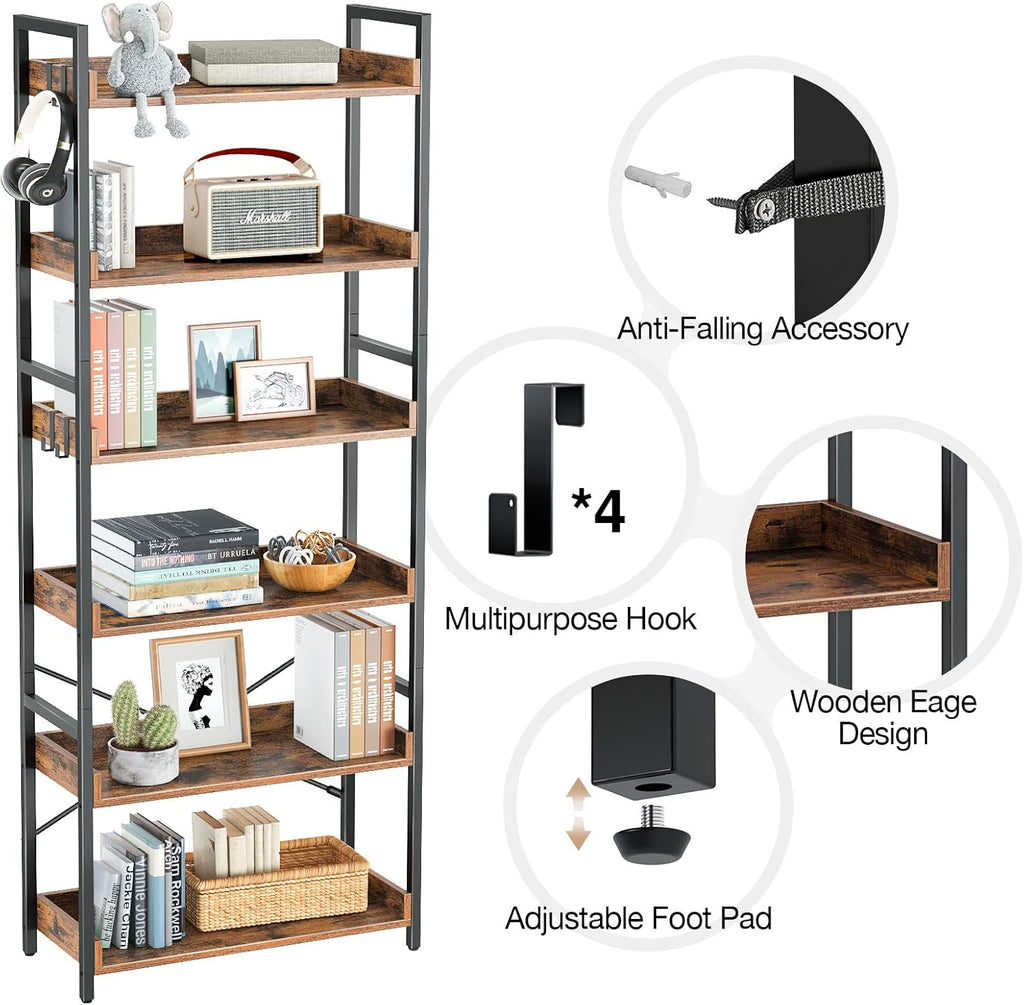 Rustic Brown 6 Tier Wood Bookshelf with 4 Hooks Metal Frame T80000