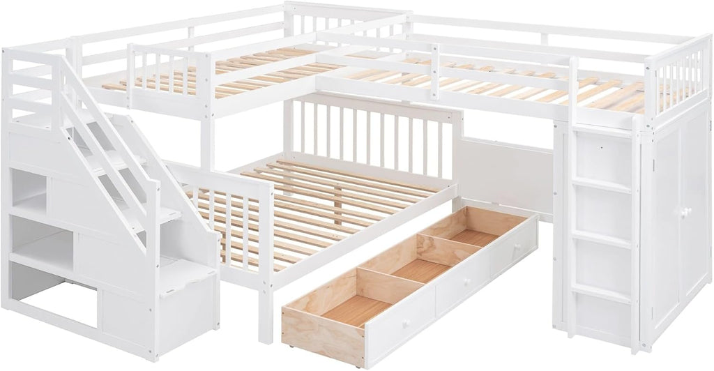 White Solid Wood L-Shaped Bunk Bed with 3 Drawers Wardrobe and Desk M67238