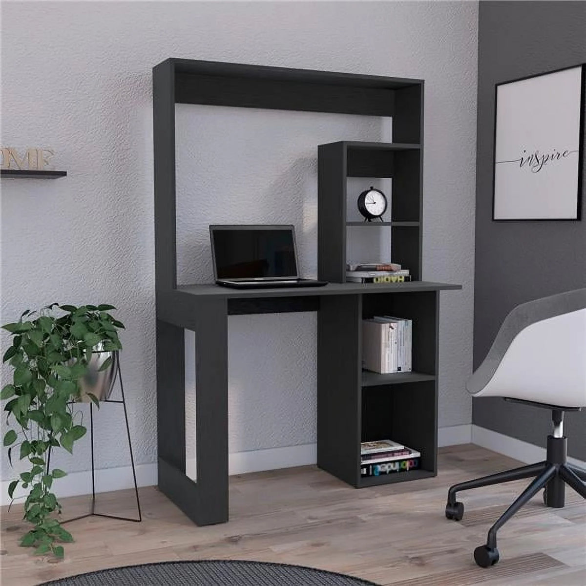 Black Computer Desk with Storage Shelves & Hutch J56178