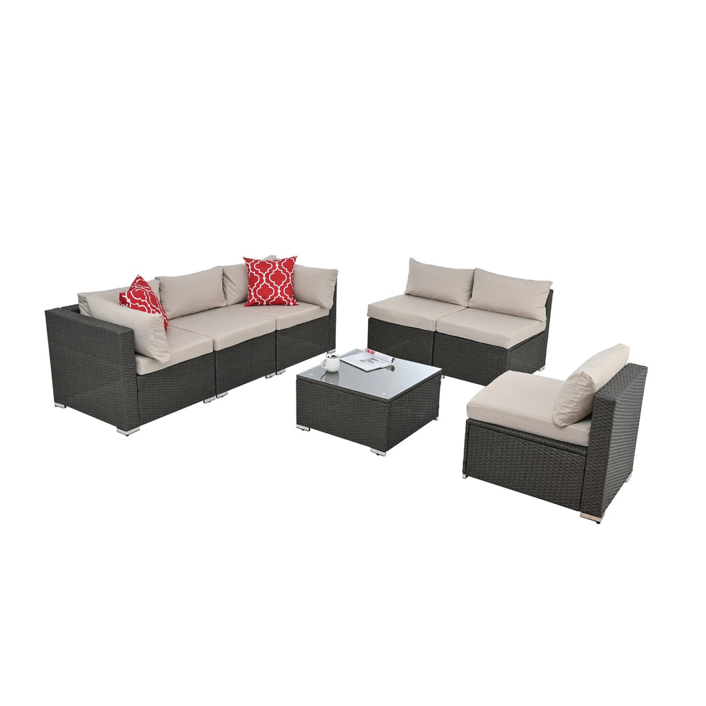 7 Piece PE Rattan Patio Furniture Set with Cushions and Glass Coffee Table Q19409
