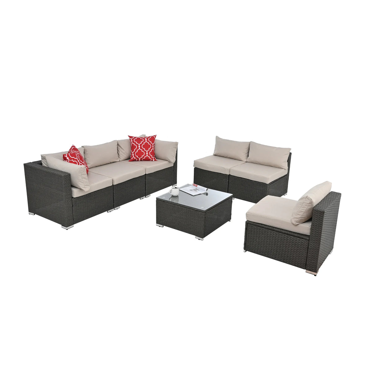 7 Piece PE Rattan Patio Furniture Set with Cushions and Glass Coffee Table Q19409