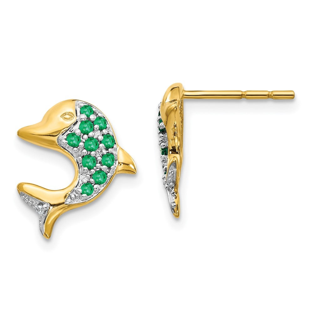 14k Yellow Gold Rhodium Marquise Emerald and Diamond Dolphin Stud Earrings E125