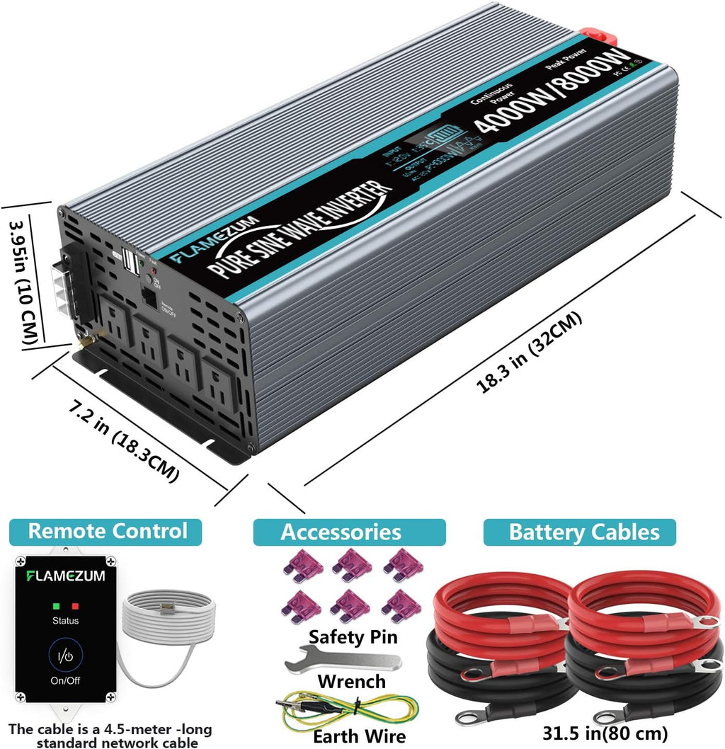 Pure Sine Wave Power Inverter 4000Watt 12V DC to AC 110V with Remote Control 4 AC Outlets Dual USB Port X95567
