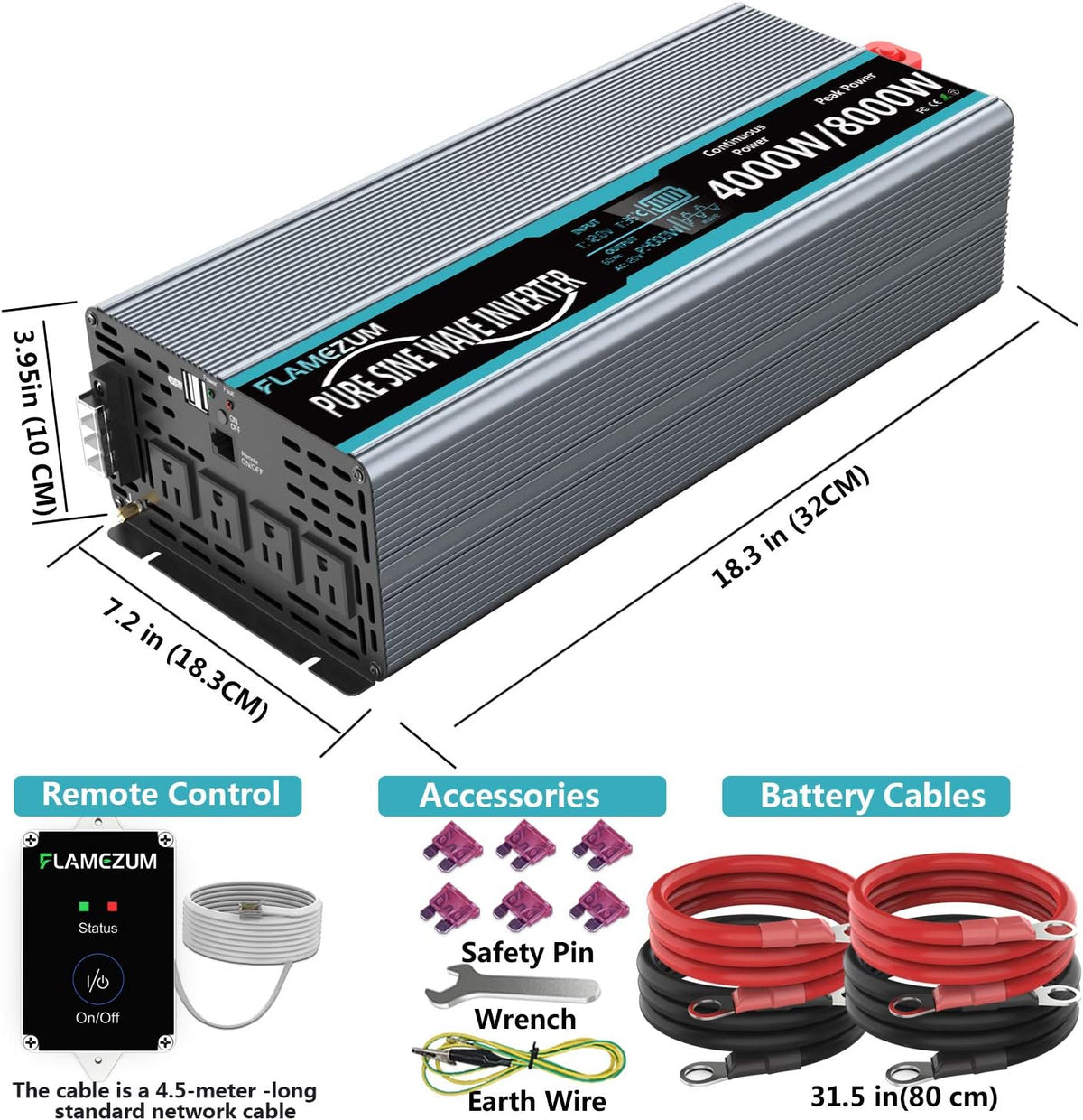 Pure Sine Wave Power Inverter 4000Watt 12V DC to AC 110V with Remote Control 4 AC Outlets Dual USB Port X95567