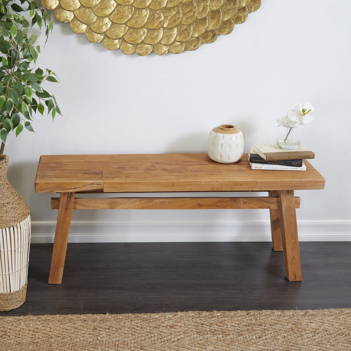 Wood Handmade Distressed Bench with High Trestle Legs M90801