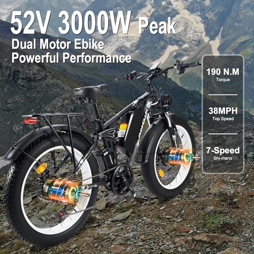 3000W Fat-Tire Electric-Bike, 52V 25AH, 38MPH, Full Suspension Ebikes with 24 Inch Y783498