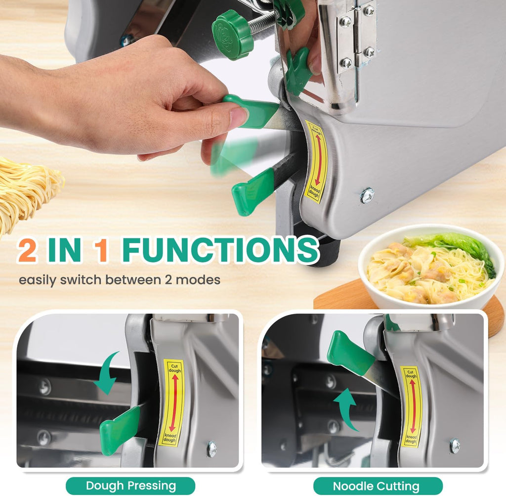 Commercial Electric Pasta Maker 2-in-1 Automatic Noodle Machine Thickness Adjustable 2mm 6mm Noodle Heavy Duty Dough Roller Pressing Machine 750W W904106