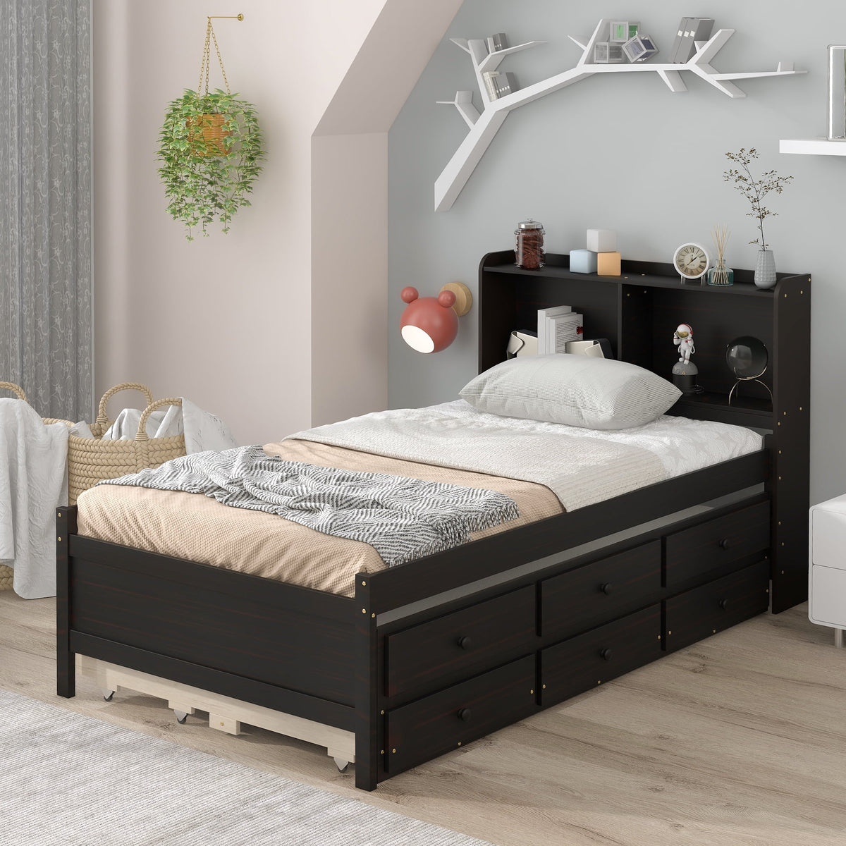 Twin Bed with Bookcase Trundle Drawers T1832