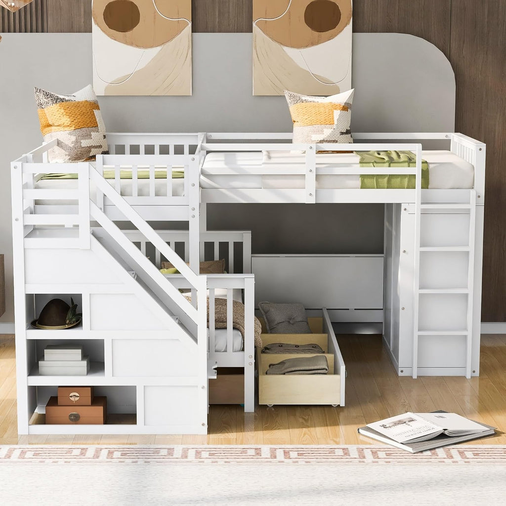 White Solid Wood L-Shaped Bunk Bed with 3 Drawers Wardrobe and Desk M67238