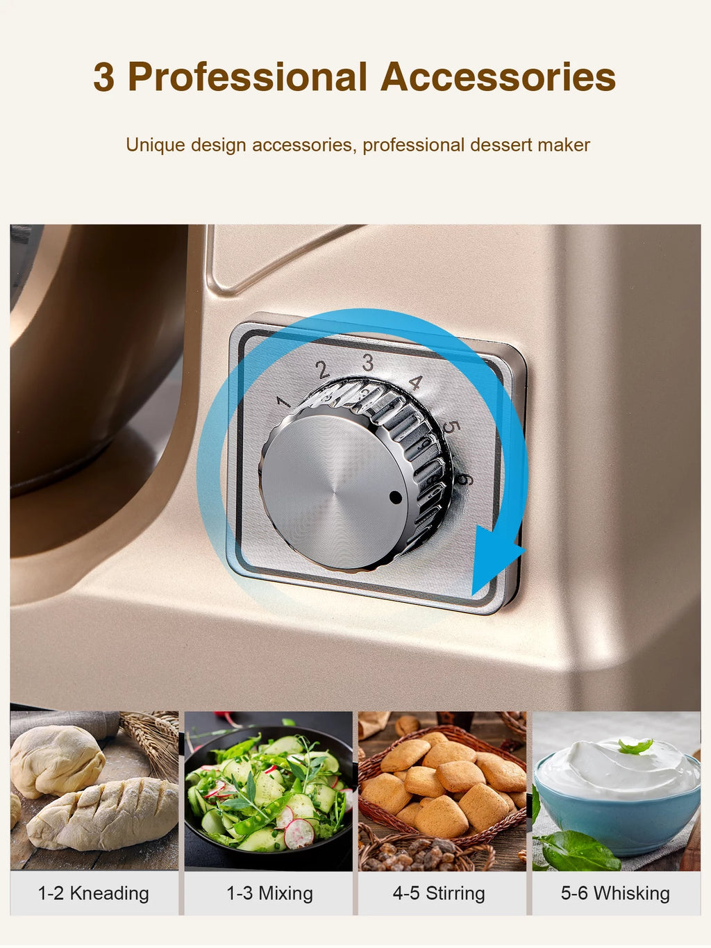 5.5QT Tilt-Head Stand Mixer with Dough Hook, Whisk & Beater, Gold Y234469