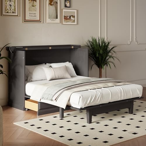 Queen Size Murphy Bed Cabinet with Charging Station and Storage Drawer B686645
