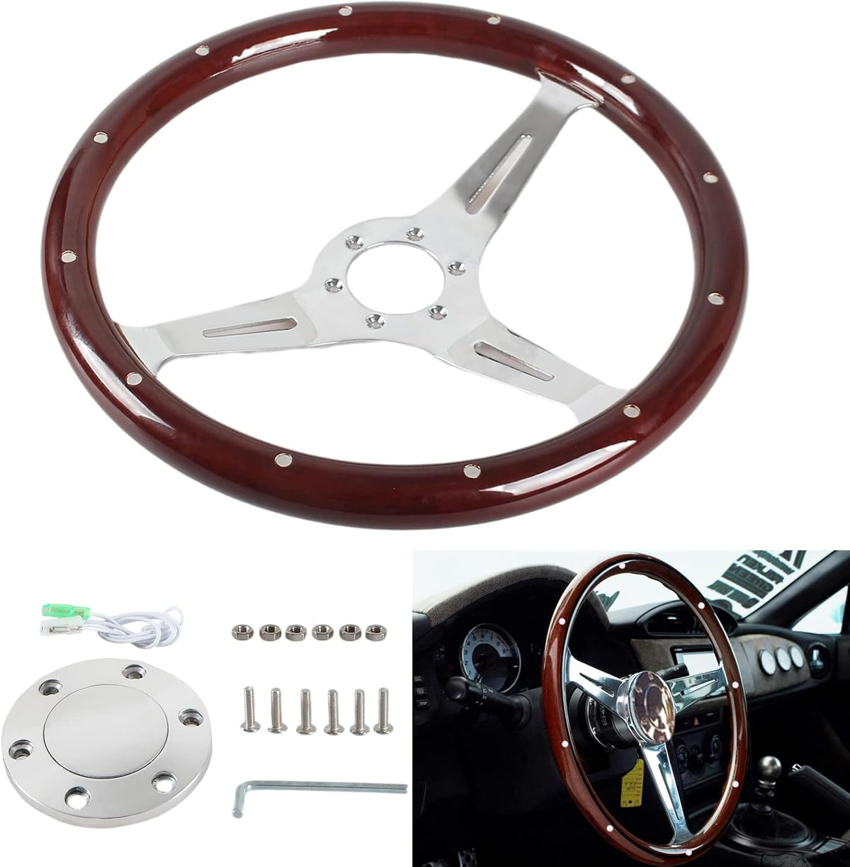 Classic Wood Grain Steering Wheel with Horn Button Kit T3431