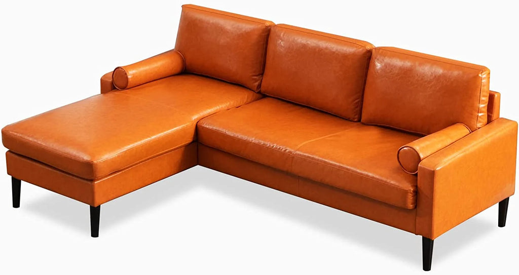 Convertible Sectional Sofa with Reversible Chaise, 3 Seat Faux Leather L-Shape Sofa with 2 Cylindrical Pillows K25461