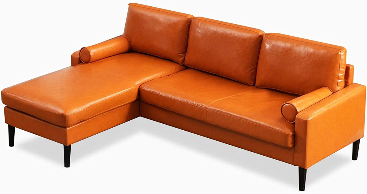 Convertible Sectional Sofa with Reversible Chaise, 3 Seat Faux Leather L-Shape Sofa with 2 Cylindrical Pillows K25461