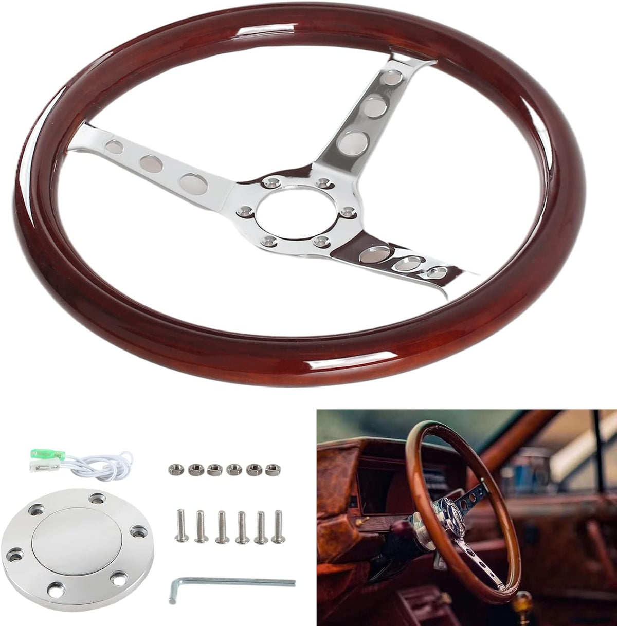 Classic Wood Grain Steering Wheel with Horn Button Kit T3431