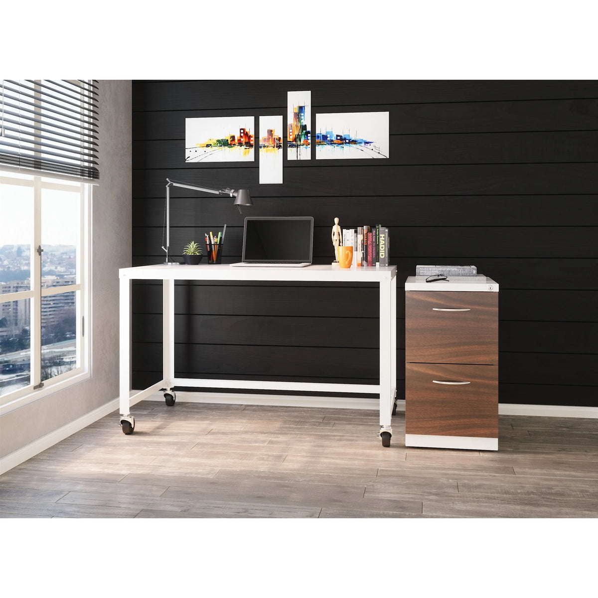 20" 2 Drawer Mobile Pedestal File Cabinet with Seat Cushion, White/Walnut J8628