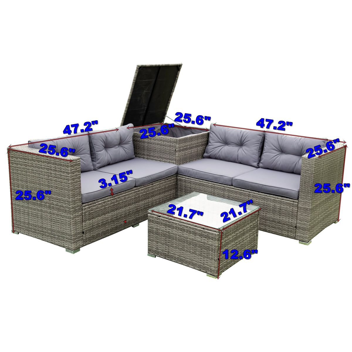 4 Pcs Patio Rattan Wicker Sectional Sofa Set with Glass Coffee Table and Storage Box Z7198