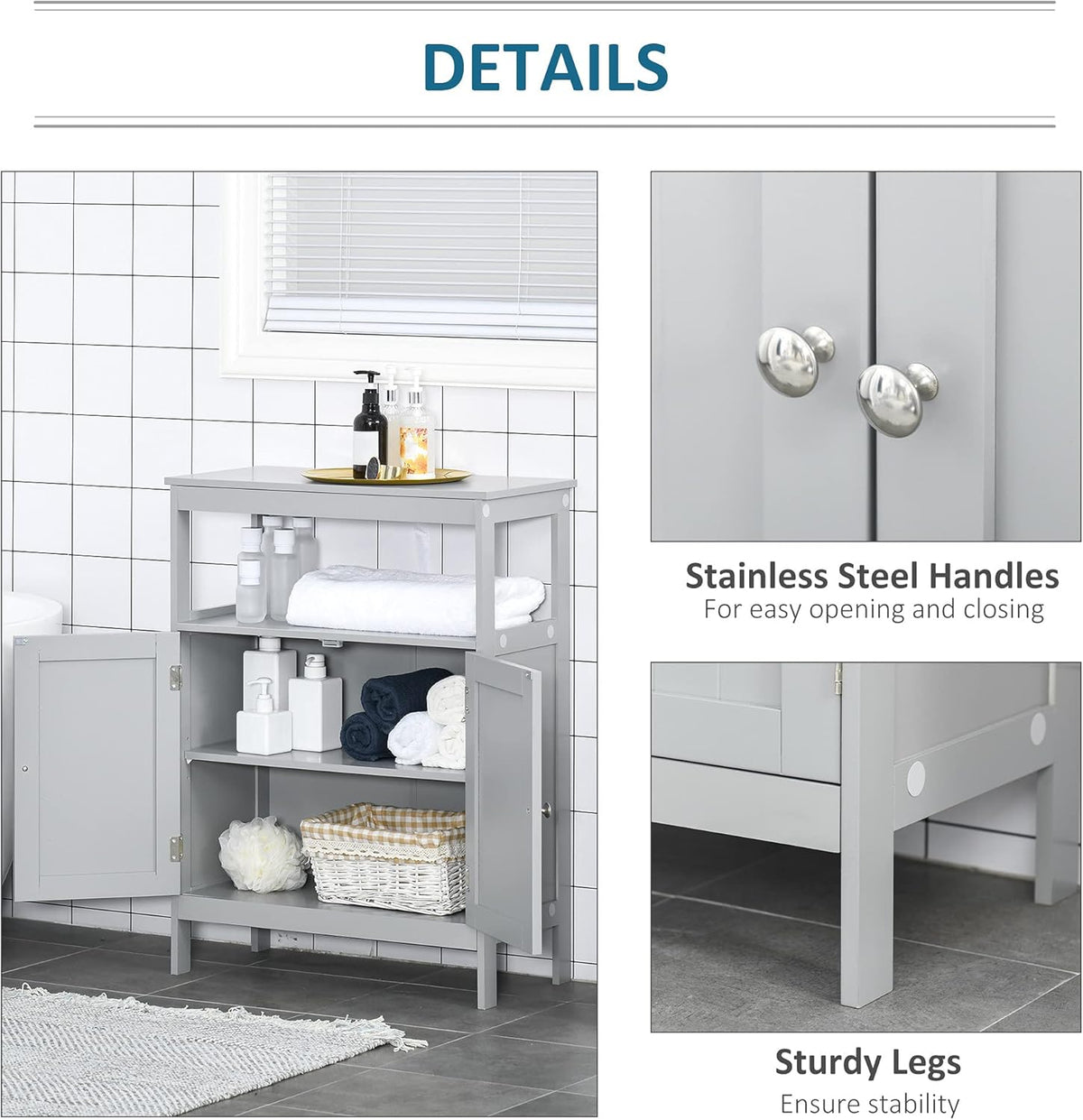 Grey Freestanding Bathroom Storage Cabinet with Doors and Open Shelf E403043