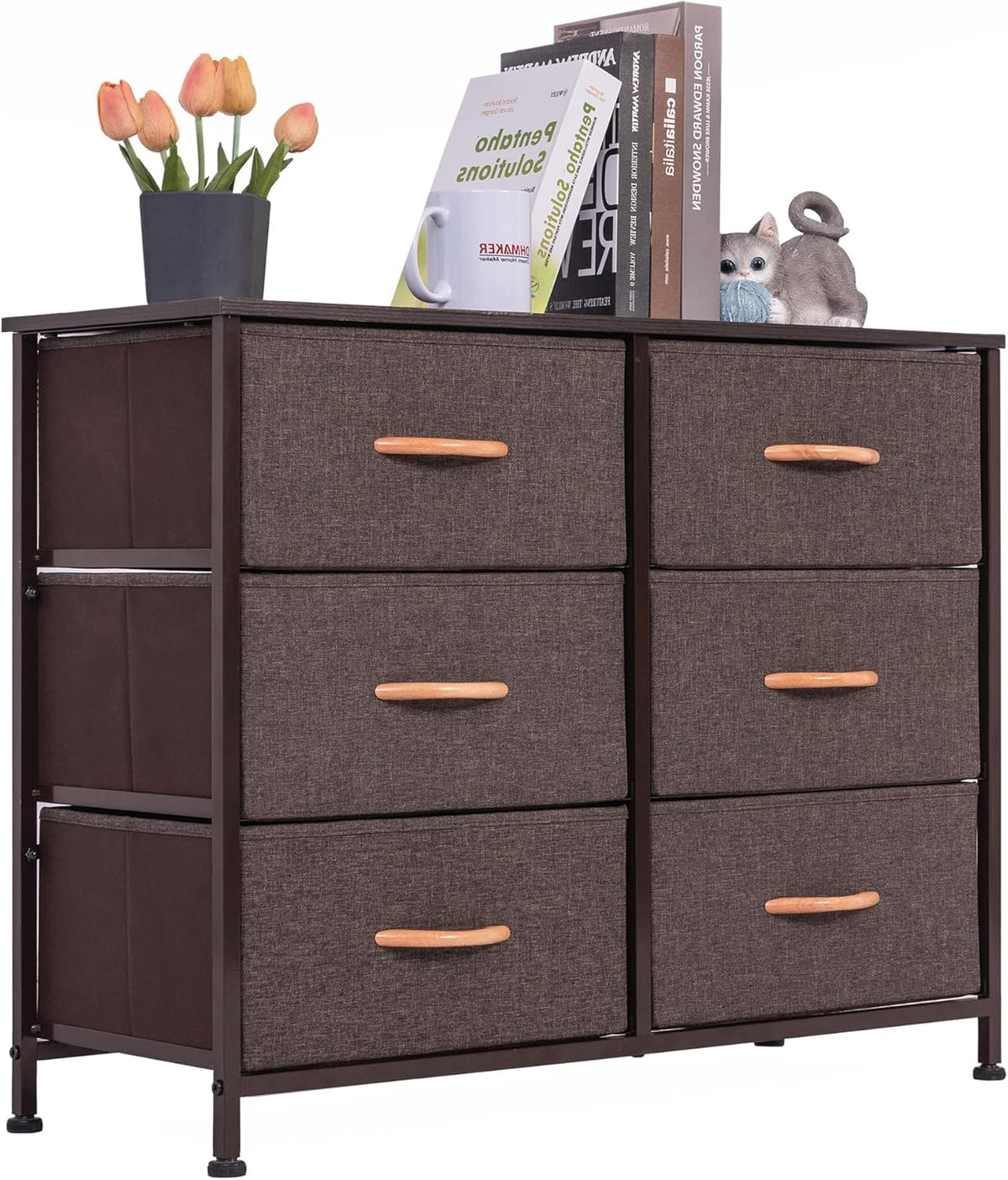Vertical Dresser Storage Tower, Steel Frame, Wood Top, Fabric Bins, 8 Drawers, Dark Indigo C7002