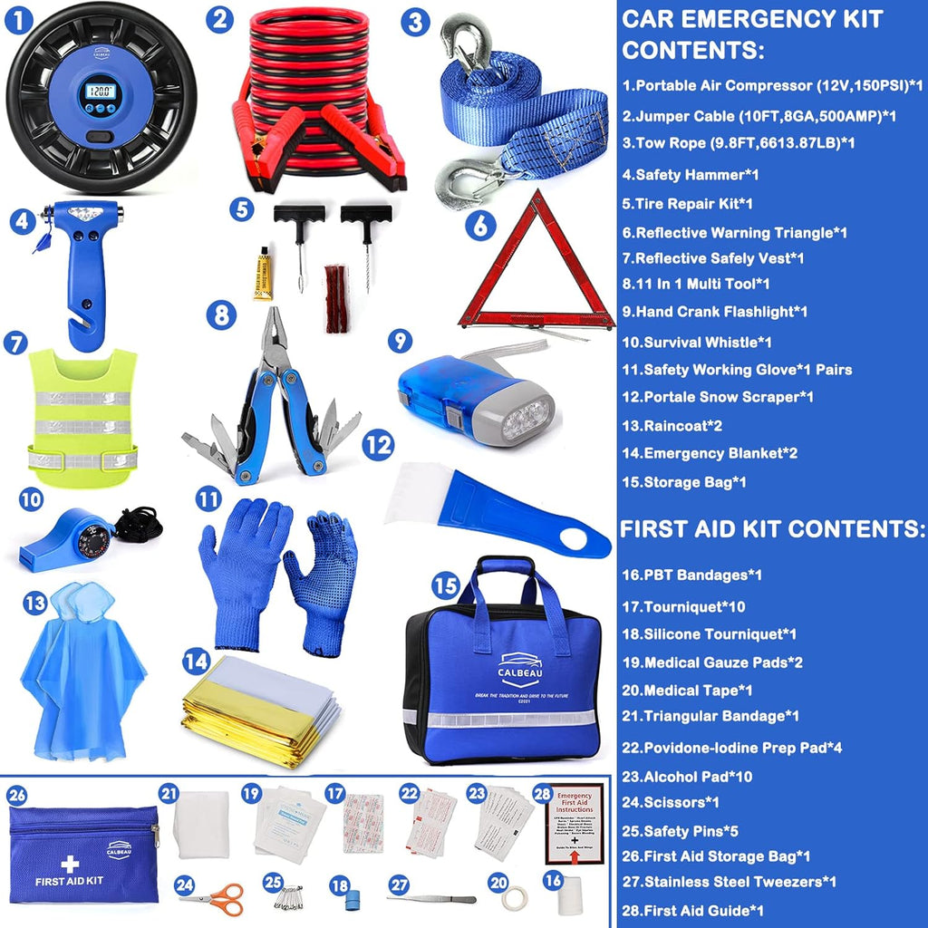 Car Emergency Kit with Air Compressor, Jumper Cable, Tow Strap, Safety Hammer, First Aid Kit F42204
