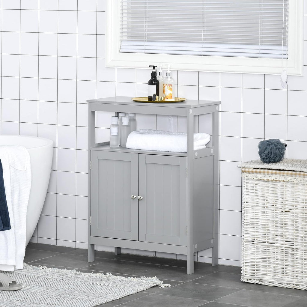 Grey Freestanding Bathroom Storage Cabinet with Doors and Open Shelf E403043