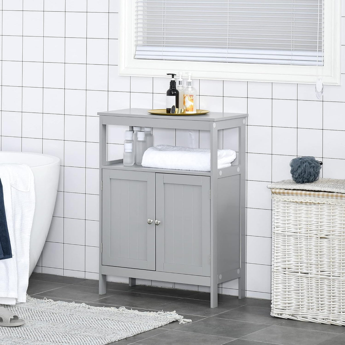 Grey Freestanding Bathroom Storage Cabinet with Doors and Open Shelf E403043