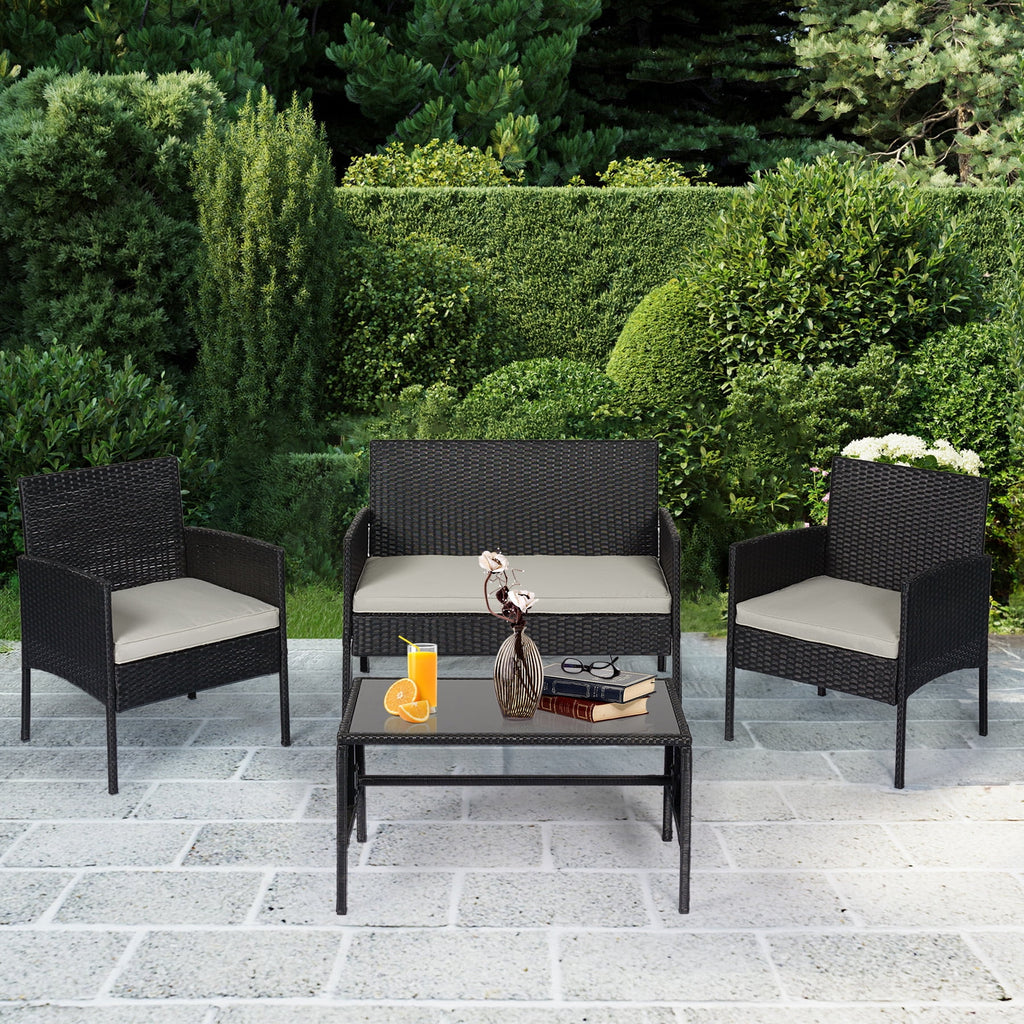 4 Piece Wicker Patio Conversation Set with Glass-Top Coffee Table & Gray Cushions V7590
