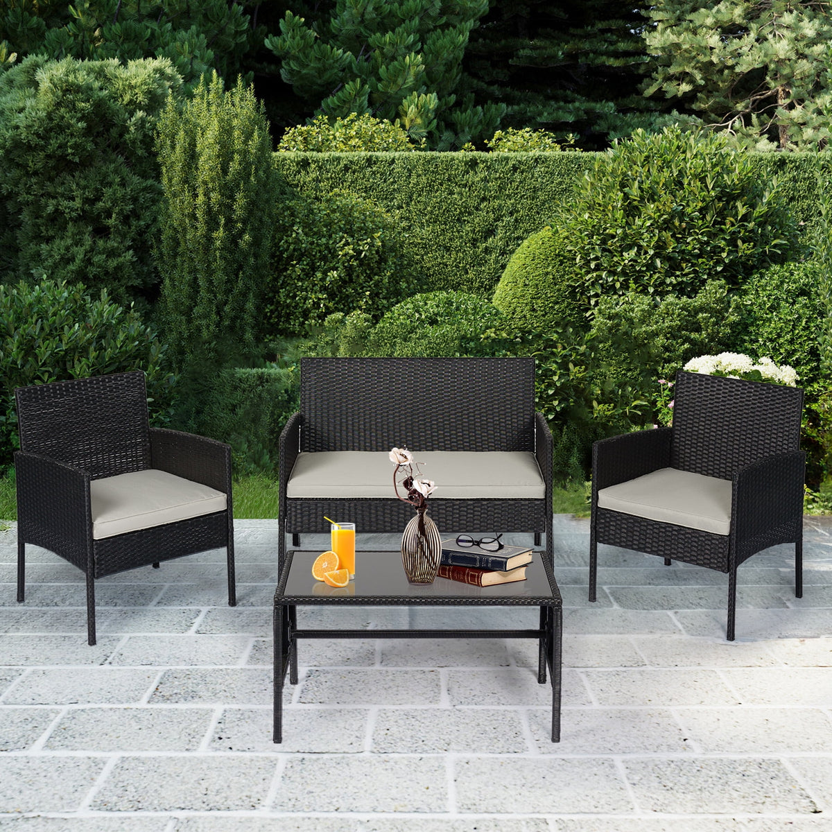 4 Piece Wicker Patio Conversation Set with Glass-Top Coffee Table & Gray Cushions V7590