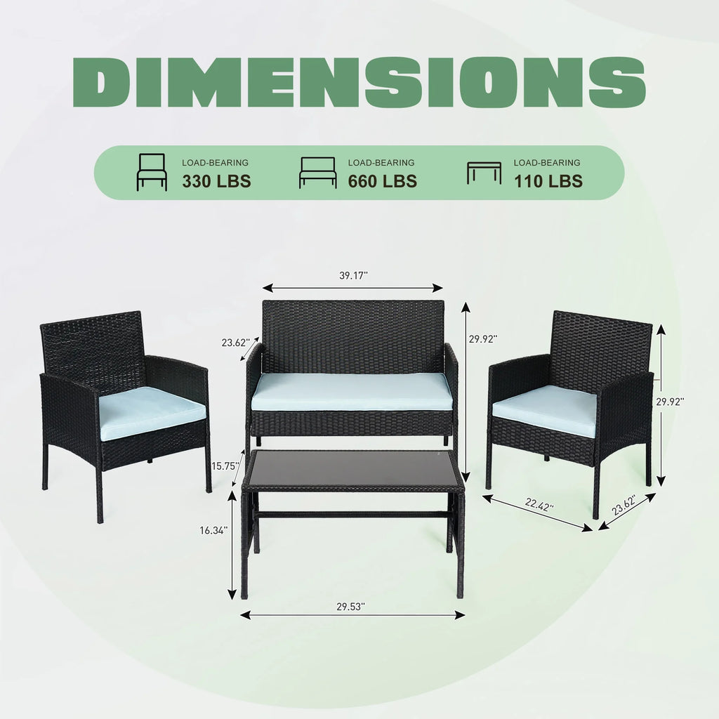 4 Piece Wicker Patio Conversation Set with Glass-Top Coffee Table & Gray Cushions V7590