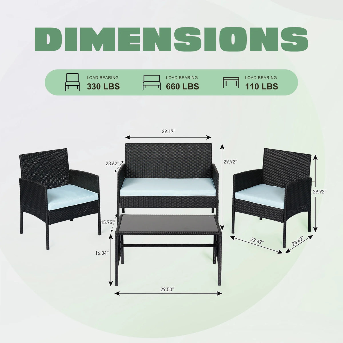 4 Piece Wicker Patio Conversation Set with Glass-Top Coffee Table & Gray Cushions V7590