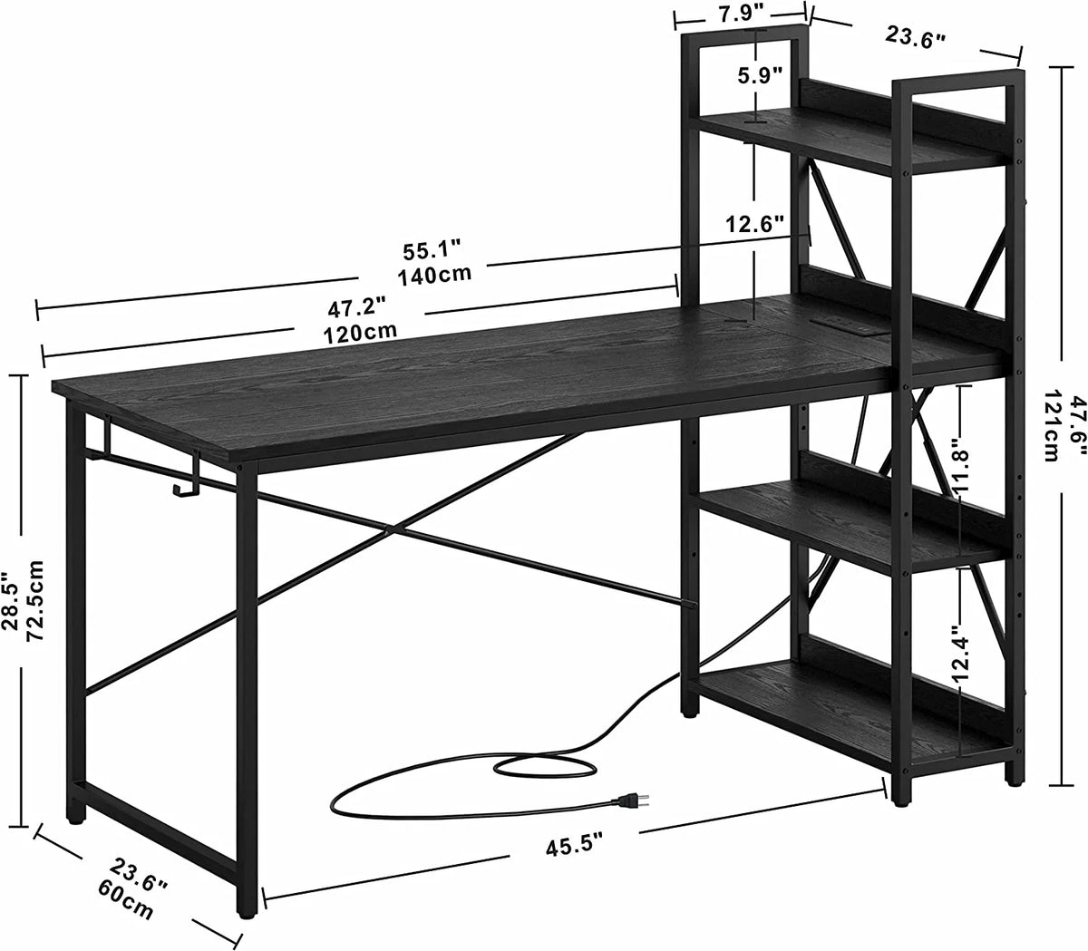 Black Computer Desk with Power Outlet and Storage Shelves A998660