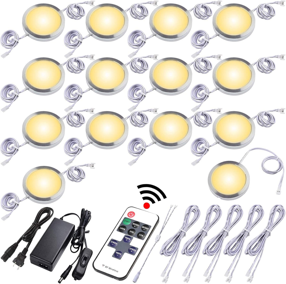 Under Cabinet LED Puck Lights, Dimmable Wireless RF Remote Control, Linkable Wired, AC120V to DC12V, Hardwired or Wall Plug, 14 Lights, Warm White M356304