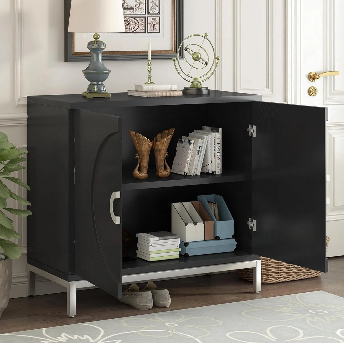 Black Storage Cabinet with Solid Wood Veneer N73383