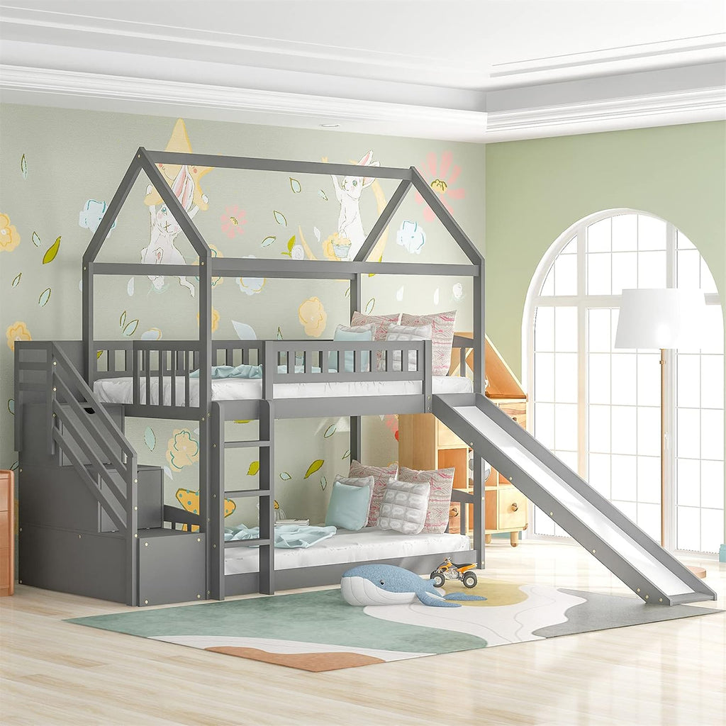 Twin Over Twin Wood Bunk Bed with Slide and Storage Staircase Q384