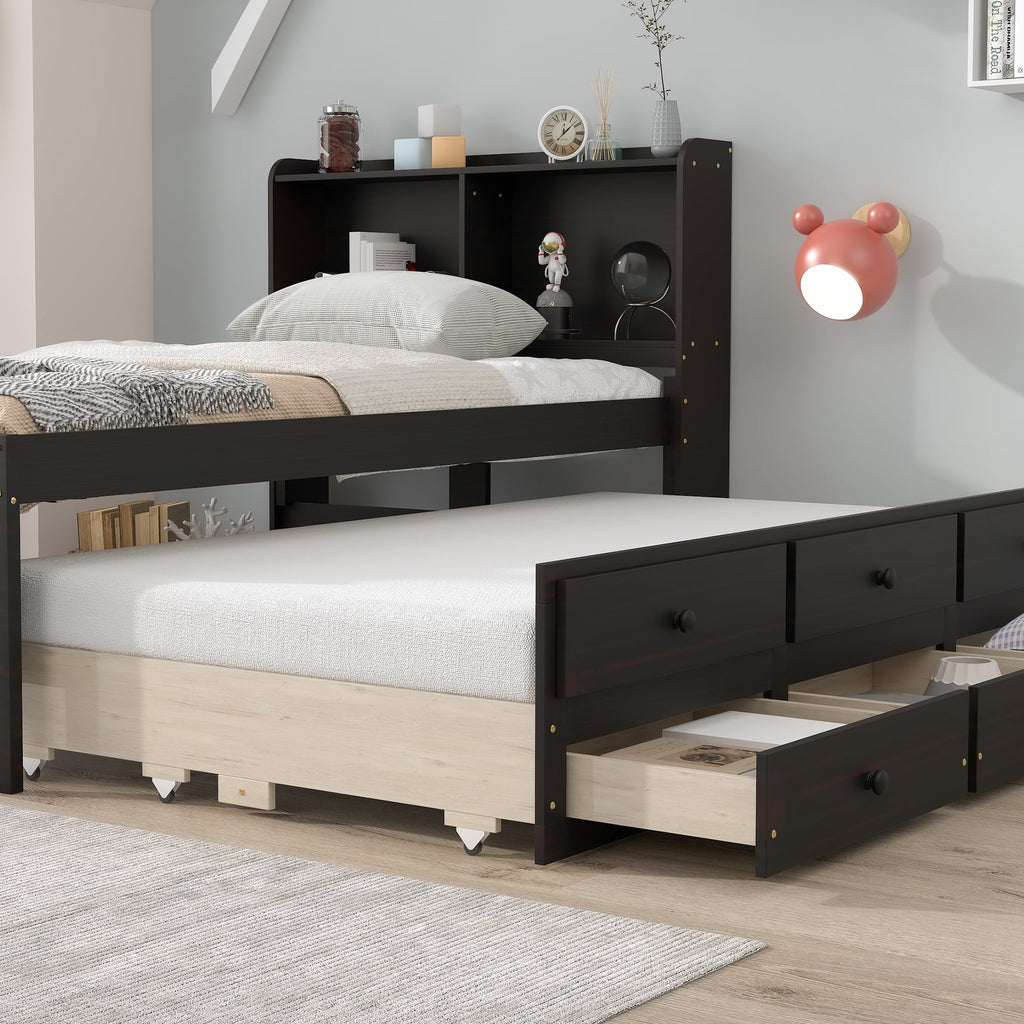 Twin Bed with Bookcase Trundle Drawers T1832