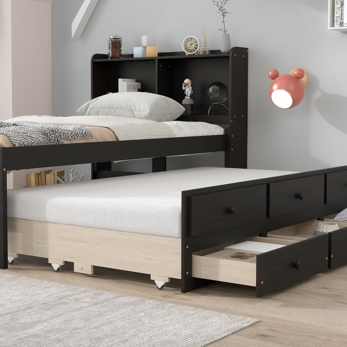 Twin Bed with Bookcase Trundle Drawers T1832