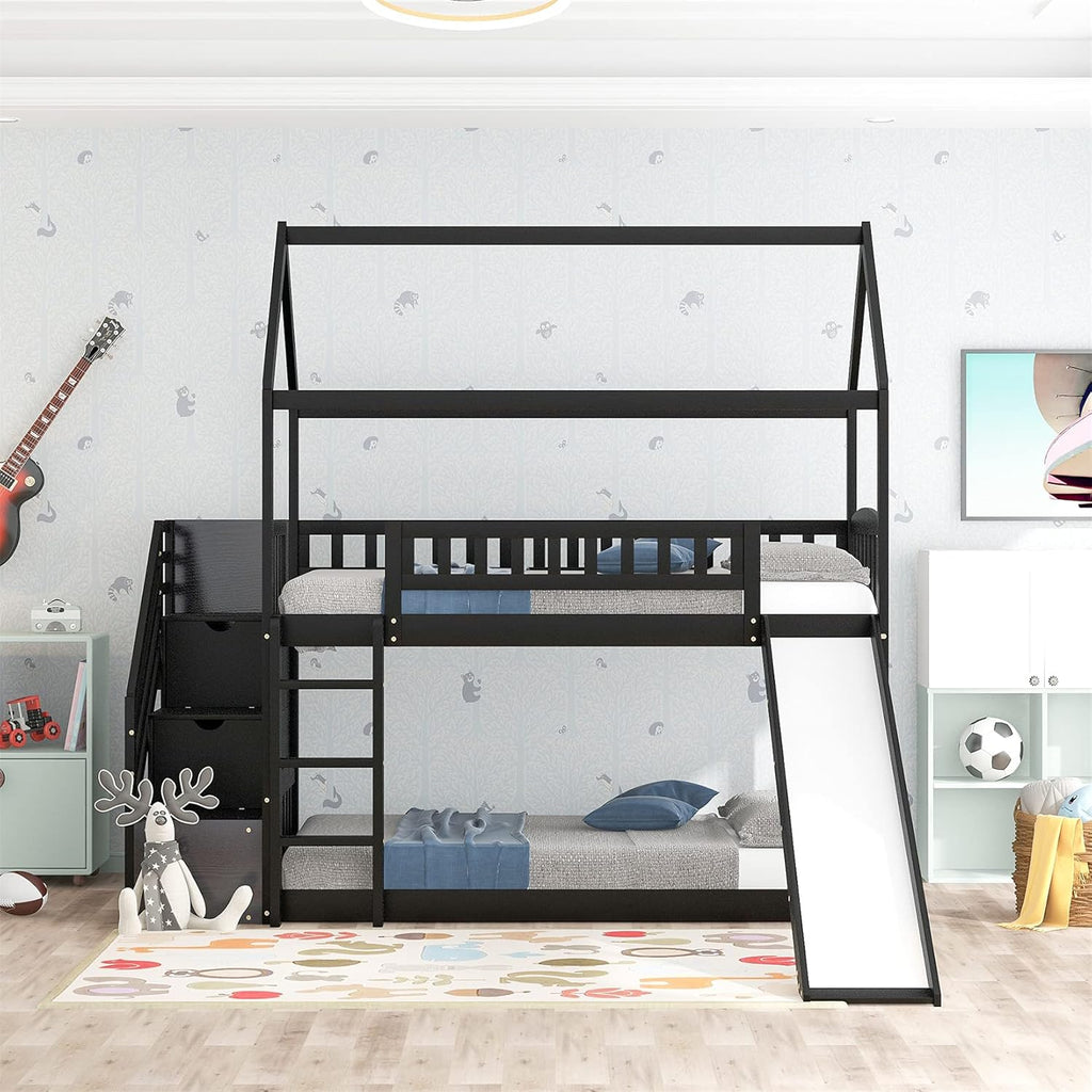 Twin Over Twin Wood Bunk Bed with Slide and Storage Staircase Q384