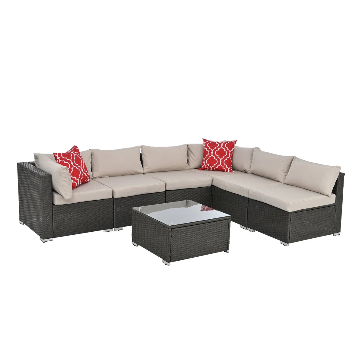 7 Piece PE Rattan Patio Furniture Set with Cushions and Glass Coffee Table Q19409