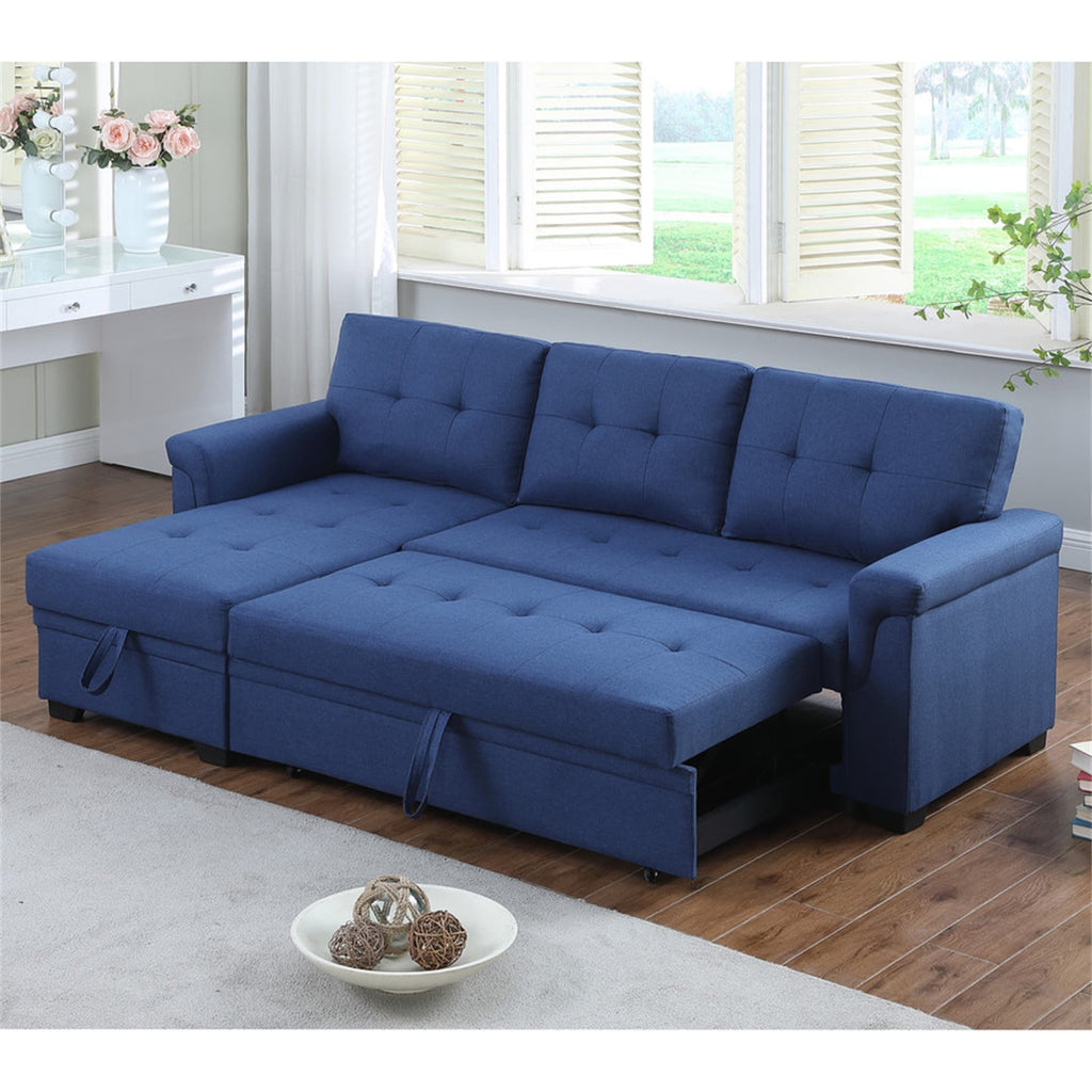 Blue Linen Reversible Sleeper Sectional Sofa with Storage Chaise B5179