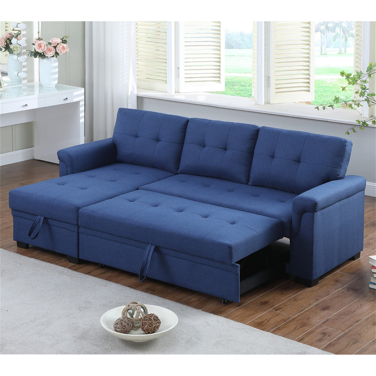Blue Linen Reversible Sleeper Sectional Sofa with Storage Chaise B5179
