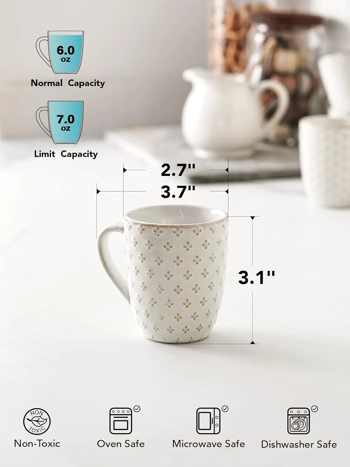 Ceramic Coffee Mugs 12 oz Embossment Set of 4 Arctic White L727076