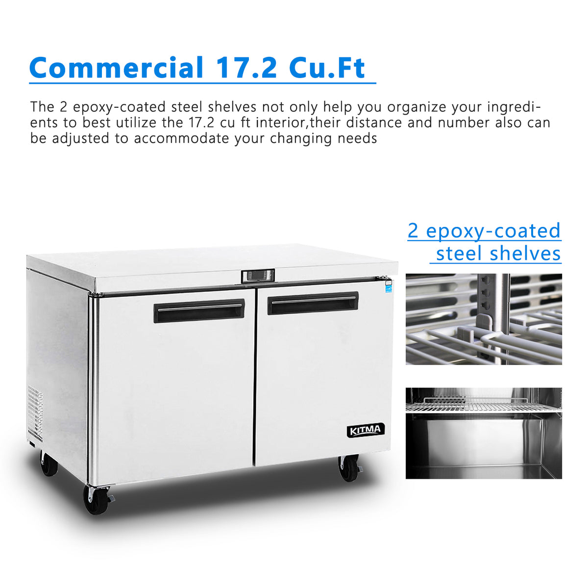 Commercial 2 Door Undercounter Refrigerators, 17 Cu. Ft Side by Side Stainless Steel Worktop Fridge S465