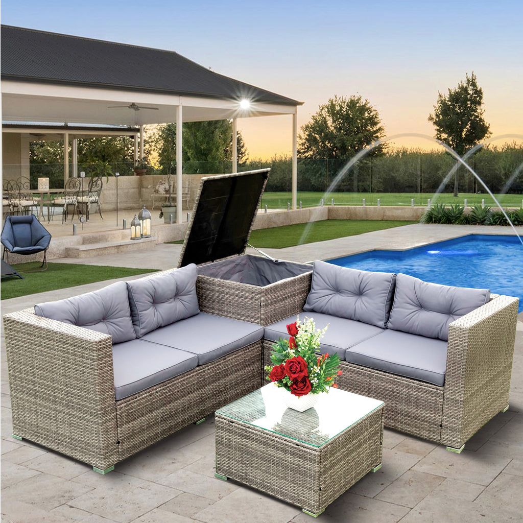 4 Pcs Patio Rattan Wicker Sectional Sofa Set with Glass Coffee Table and Storage Box Z7198