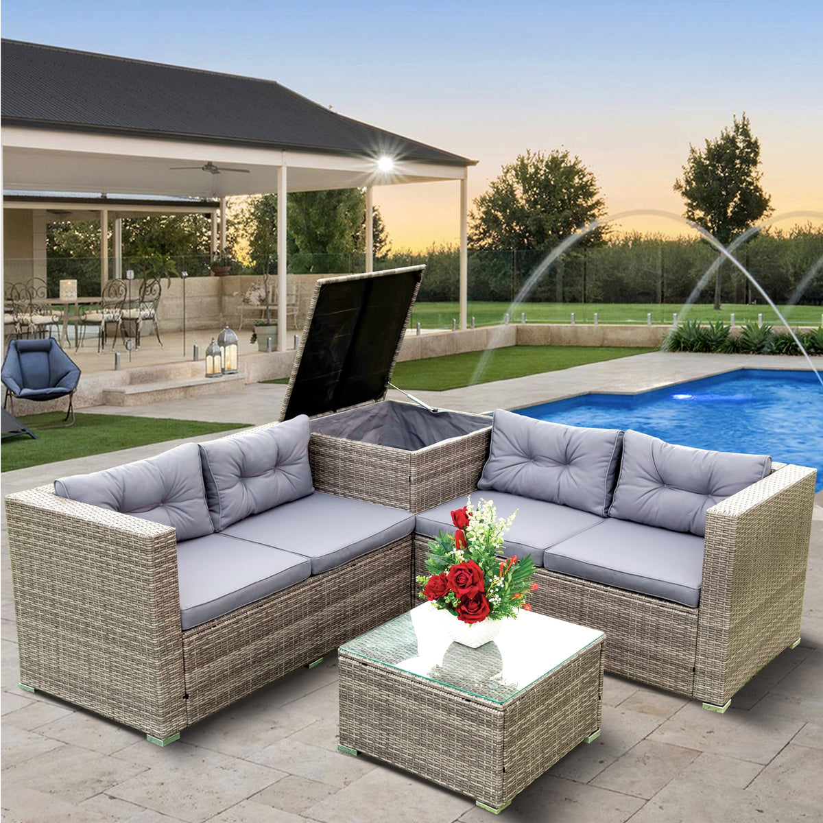 4 Pcs Patio Rattan Wicker Sectional Sofa Set with Glass Coffee Table and Storage Box Z7198