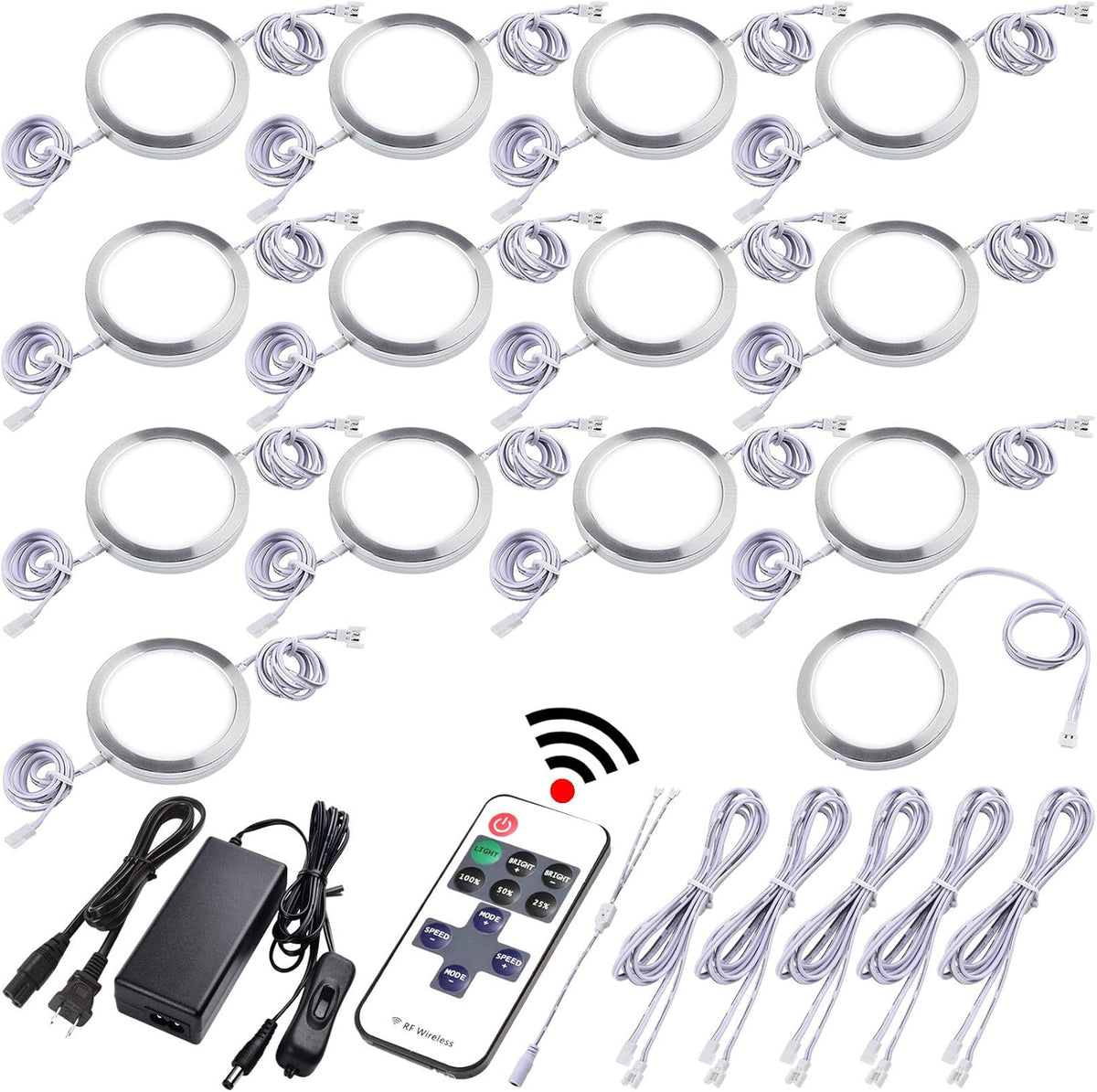 Under Cabinet LED Puck Lights, Dimmable Wireless RF Remote Control, Linkable Wired, AC120V to DC12V, Hardwired or Wall Plug, 14 Lights, Warm White M356304