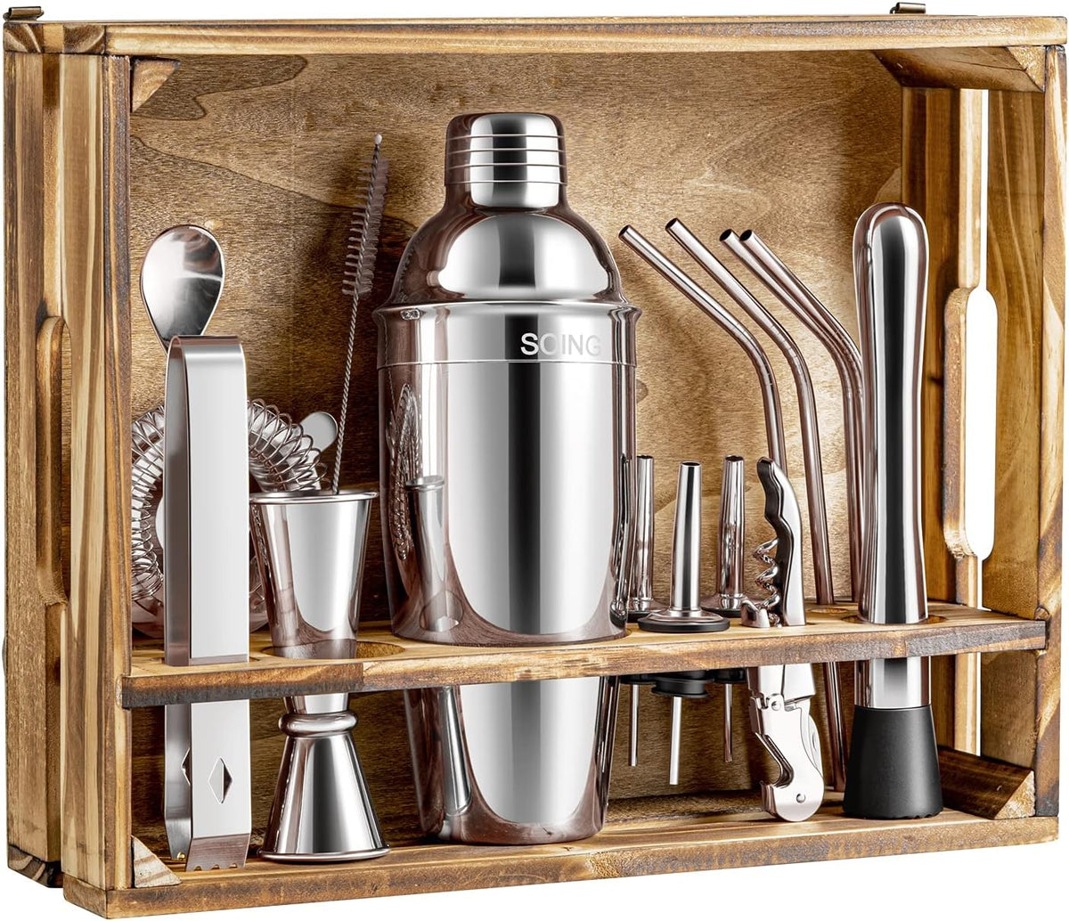 16-Piece Bartender Kit with Wooden Stand and Velvet Carry Bag C2471